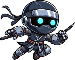 Cartoon cyber ninja with glowing blue eyes and metallic armor holding dual swords
