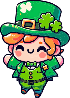 Cartoon leprechaun in green attire with a shamrock hat
