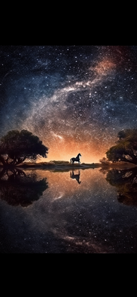 A horse stands by a reflective body of water with a starry night sky in the background.
