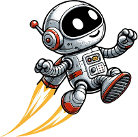 Cartoon robot in a silver space suit with red accents blasting off