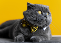Grey cat with yellow eyes and a yellow and black checkered bow tie