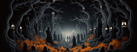A dark forest with twisted trees and glowing lanterns, silhouetted figures in the distance.