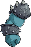 Cartoon blue arm with spiked black helmet and arm guard