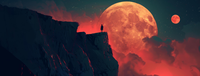 A person stands alone on a cliff, looking out at a large full moon with a smaller moon nearby, set against a dramatic red and orange sky.