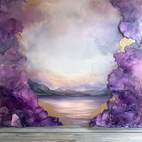 A serene landscape painting with purple rocky formations and a body of water under a cloudy sky.