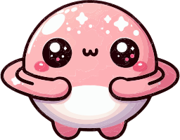 A pink cartoon planet with a smiling face and starry details on a black background.