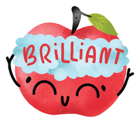 Cartoon apple with smiling face and brilliant text