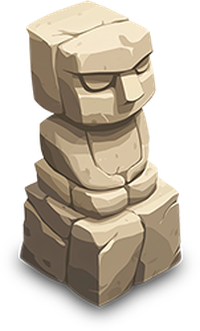 Pixelated stone statue with a stern expression