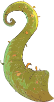 A cartoon worm with a curled tail and orange spots on a black background