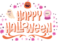Pixelated Happy Halloween text surrounded by ghosts and a pumpkin