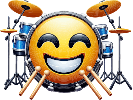 A cartoon drum kit with a smiling emoji on the bass drum