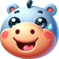 A cartoon hippo with a big smile and heart-shaped tongue