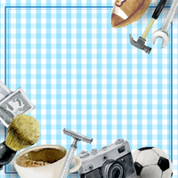 Collage of hobby items on a blue checkered background
