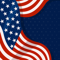 American flag graphic with flowing red and white stripes and white stars on a blue background