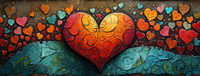 A large red heart with intricate patterns surrounded by smaller hearts