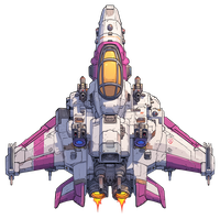 A futuristic fighter jet with white and purple body and orange accents