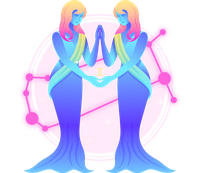 Stylized illustration of Gemini zodiac sign featuring twins with flowing blue hair against a pink celestial background.