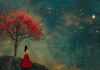 Woman in a red dress sitting on a rocky outcrop under a red-leaved tree and a starry sky