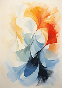 An abstract art piece with swirling shapes in blue, orange, and red hues.