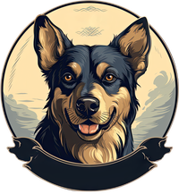 Cartoon dog logo with black and tan fur