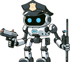Cartoon robot police officer with guns and badge
