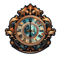 An ornate clock face with Roman numerals surrounded by decorative elements.