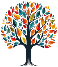 A tree with vibrant, multicolored leaves against a black backdrop.