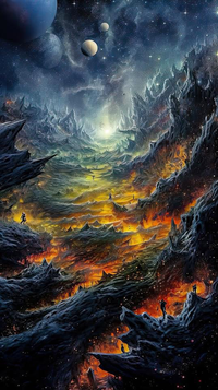 A digital painting of a fantastical cosmic landscape with rocky mountains and a fiery valley