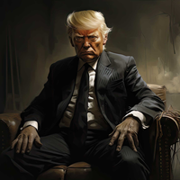 Donald Trump sitting in a chair, wearing a black suit and tie