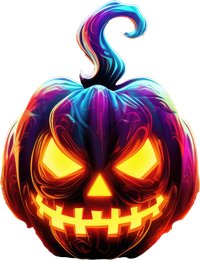 A vibrant, swirly jack-o'-lantern with glowing eyes and mouth