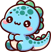A blue cartoon dinosaur with green spots and a smiling face