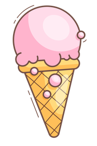 A cartoon-style ice cream cone with pink ice cream and decorative balls