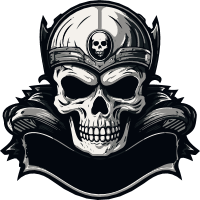 Illustration of a skull with a helmet and banner