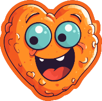 A cartoon heart-shaped donut with a smiling face and big eyes.