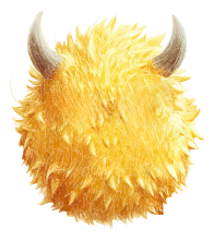 A bright yellow, fluffy creature with two horns