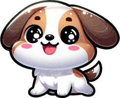 Cartoon illustration of a smiling puppy with brown and white fur.
