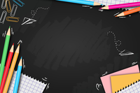 Colorful pencils and stationery on a blackboard