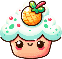 A cartoon cupcake with a smiling face and a pineapple on top
