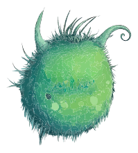 A surreal, green, fuzzy creature with a curious expression