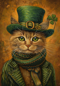 A cat dressed in a green top hat and matching scarf, exuding elegance and festive charm.