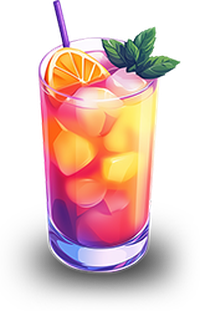 A colorful cocktail with ice, orange slice, and mint leaves
