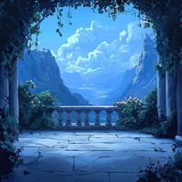 A serene mountain landscape with a stone patio and lush greenery