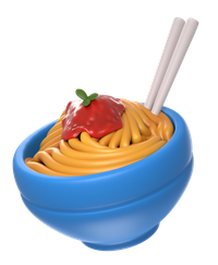 A blue bowl containing noodles and a red pepper, with white chopsticks.