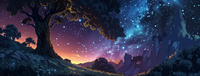 Digital artwork of a tree silhouetted against a colorful, star-filled sky