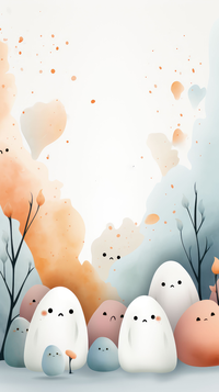 Illustration of ghostly figures with cute faces amidst watercolor splashes and bare trees