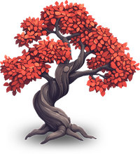A digital illustration of a tree with red leaves and a twisted trunk.