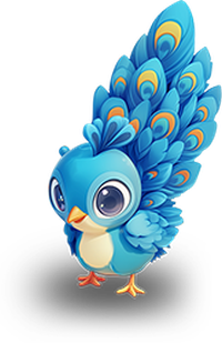 Cartoon peacock with blue feathers and orange accents