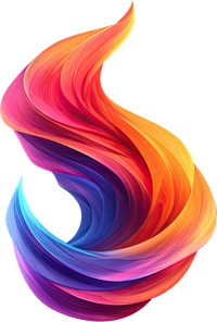 A stylized flame logo with a gradient of pink, orange, and blue colors.