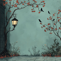 An autumn scene with a lantern on a tree and birds on branches with red leaves.