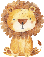 A cute cartoon lion with a fluffy mane sitting on its haunches